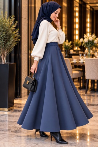 Esra Butik78 Scuba Kumaş Uzun Kloş Etek Siyah&lacivert-100 Cm