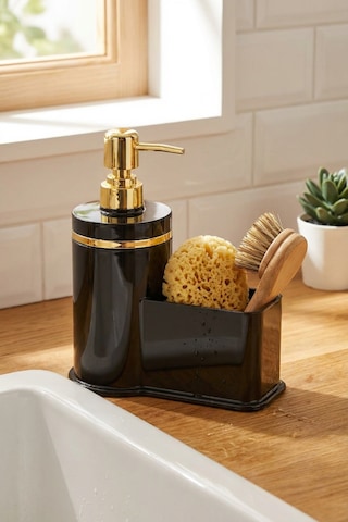 Makri Home Mutfak Veya Banyo İçin Şık Altın Rengi Detaylı Süngerlikli Sıvı Sabunluk , Yerli Üretim Siyah