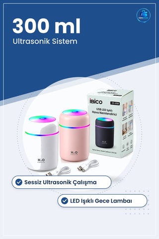 Mini Usb Hava Nemlendirici 300 Ml Işıklı Taşınabilir Aroma Difüzö
