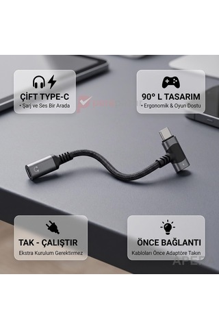 Tr Type-c Kulaklık Ve Şarj Dönüştürücü L Tipi Çoğaltıcı Kablo Örgülü 3.5mm Ses Ve Güç Adaptörü Cn03