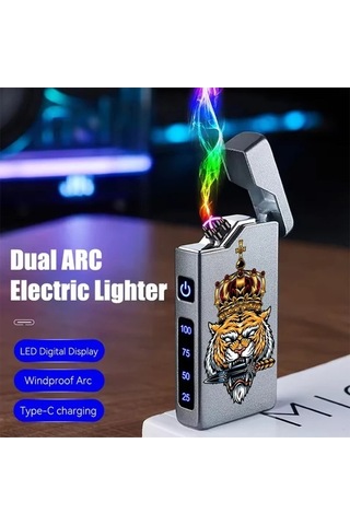 Trendooze Moda Çift Ark Kaplan Desenli Rüzgar Geçirmez Gaojunshop01 Gri Taçlı Usb Şarjlı Çift Ark Çakmak Gri Gri