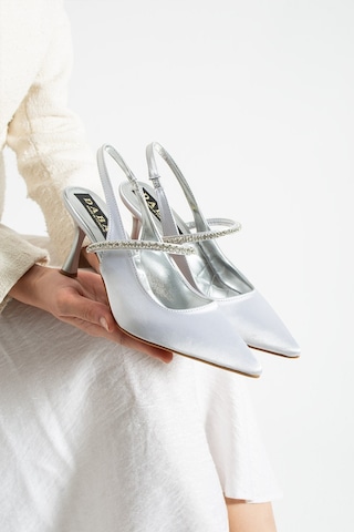 Dabab Shoes Vına Kadın Gümüş Sivri Burun 7 Cm İnce Topuklu Taş Detaylı Bilekten Bantlı Klasik Abiye Ayakkabı