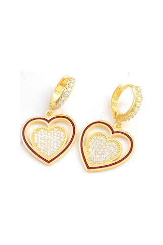 925 Ayar Gümüş Gold Kaplama Sallantılı Kalp Kadın Küpe Renkli 92378365
