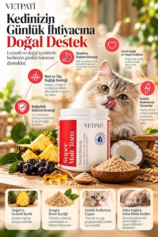 Vetpati Super Malt Tozu Kedi Maltı Psyllium Kollajen Omega 3 Taurin Tüy Yumağı Ve Sindirim Desteği