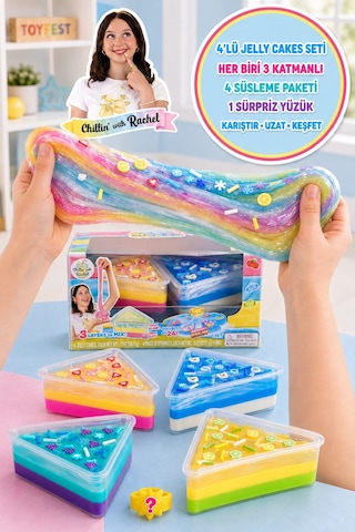 Jelly Cakes 4'lü Paket Seti Squishy 3 Katmanlı Sıkmalık Sürpriz Yüzüklü Pasta Dilimli Duyusal Slime Çok Renkli