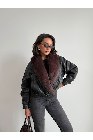 Verymoda Yakası Kürklü Kruvaze Deri Mont F2050 Siyah
