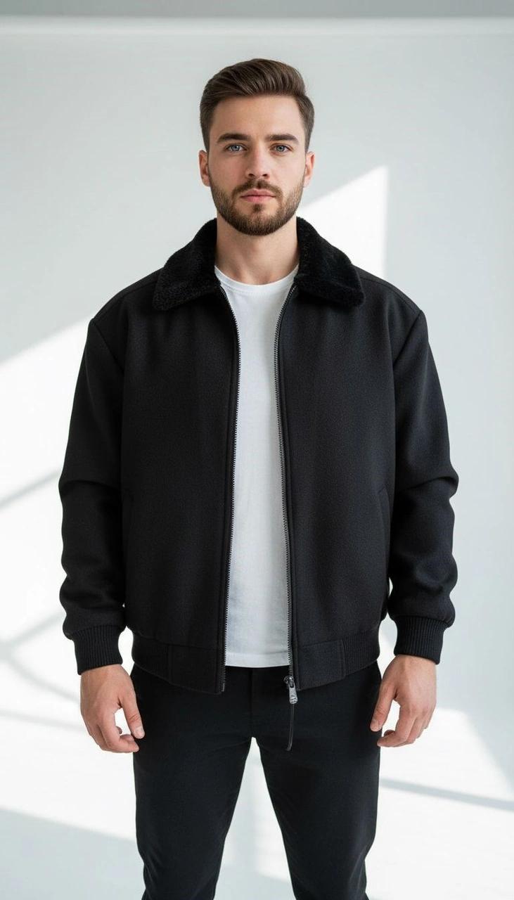 Erkek Kaşe Mont Kürklü Yaka Astarlı Fermuarlı Kışlık Ceket Plus Scorpion Siyah
