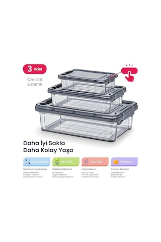 Hobby Life Elite 3 Lü Kilitli Saklama Seti 3l+1.5l+0.85l İç İçe Geçen Yer Tasarruflu, Şeffaf Antrasit Premium Gıda Kabı