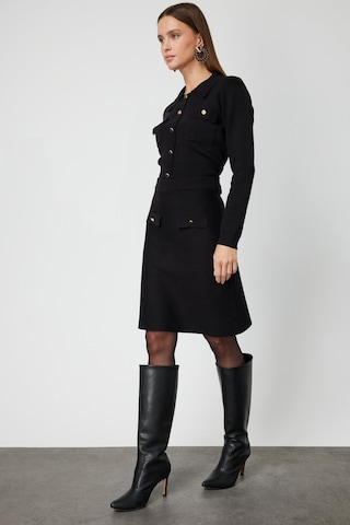 On Kadın Cep Detaylı Diz Üstü Triko Etek 69508 Siyah Siyah