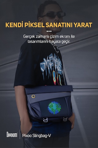 Divoom Pixoo Slingbag-v Siyah Ledli Ekran App Kontrollü Postacı Çantası-su Geçirmez Siyah