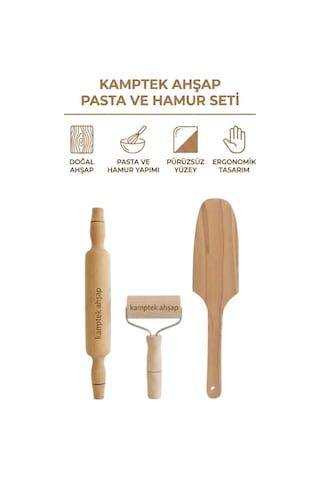 Kamptek Ahşap 3 Lü Mutfak Hazırlık Seti Merdane 35 Cm Rulo Merdane Hamur Çevirme Sptulası