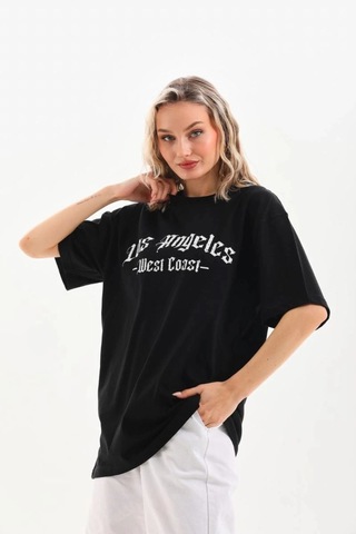 Freedom Storee Kadın Baskılı Tişört Kısa Kol Bisiklet Yaka Oversize T-shirt - Siyah Çok Renkli