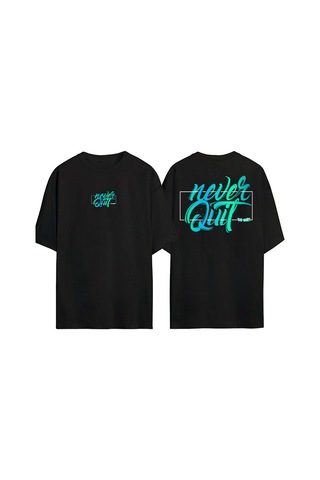 Thewert Unisex Siyah Never Quit Baskılı Oversize T-shirt