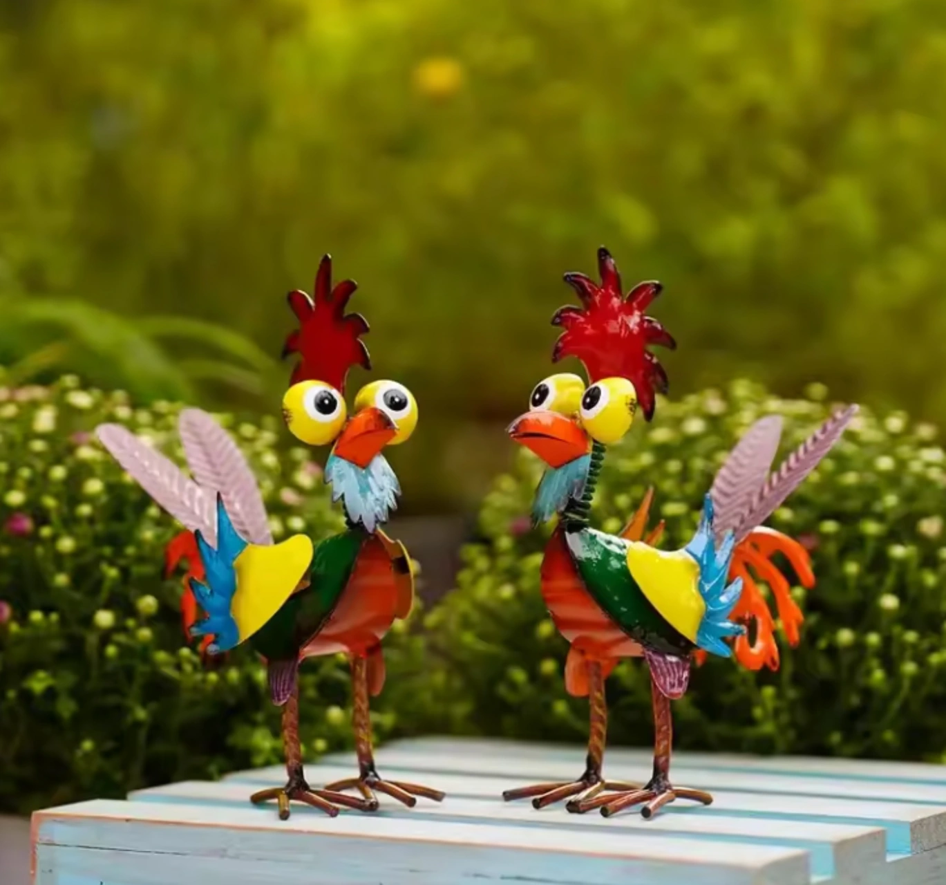 Xiyyadms Yeşil Metal Demir Çelik Horoz Figürü - Bahçe Çimenliği Ve Ev Dekorasyonu Sanat Eseri 21x17x8 Cm