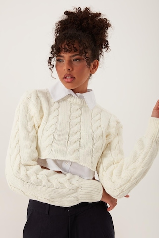 Quhox Kadın Triko Crop Sweatshirt Krem