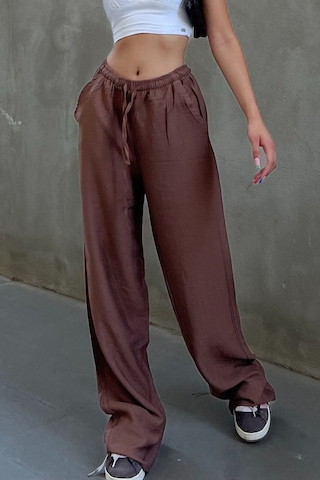 Pembe Keten Karışımlı Bol Kesim Pantolon Kahverengi