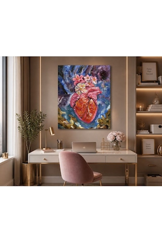 Soyut Anatomik Kalp & Çiçek Temalı Modern Kanvas Tablo Kozmik Sanat Dokulu Renkli Estetik Duvar Dekoru