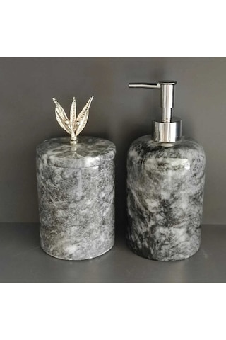 Uludağ Siyahı Mermer 2'li Banyo Seti Zeytin Dalı Krom Rengi Aksesuarlı Beyaz