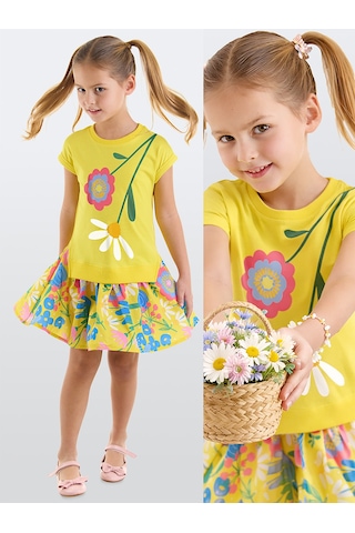 Denokids Sarı Çiçekli Papatyalı Kız Çocuk Fırfırlı Yazlık Elbise