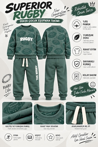 Ahengim Erkek Çocuk Rugby Topu Baskılı Pamuklu Sweatshirt Ve Pantolon Eşofman Takımı Ak119 Koyu Yeşil