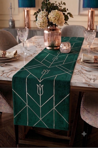 Premium Masa Runner Dijital Baskılı Geometrik Lale Desenli Dekoratif Salon Mutfak Yemek Masası Runner Örtüsü 45x140 Cm Yeşil