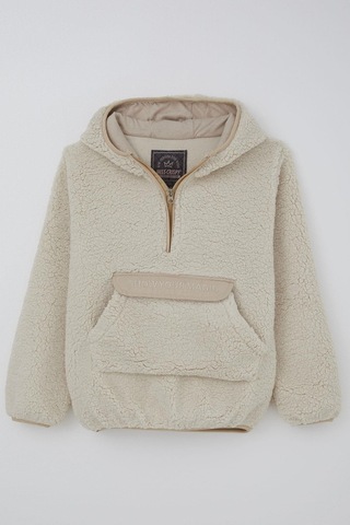 Reycan Kız Çocuk Peluş Sweatshirt Kapüşonlu Kanguru Cepli 5-8 Yaş, Taş Taş