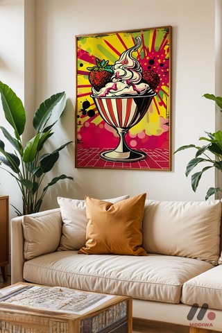 Dondurma Pop Art, Ahşap Çerçeveli Duvar Tablosu - Renkli Ev Dekorasyonu