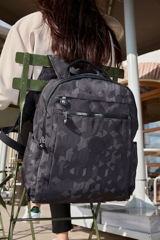 Sanmorris Unisex Suya Dayanıklı Krinkıl Kumaş Çok Gözlü Siyah Desenli Laptop Okul Ve Sırt Çantası Siyah