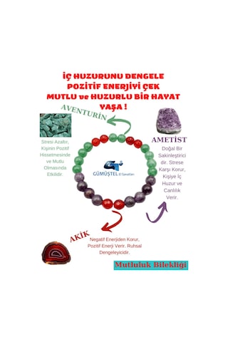 Gümüştel El Sanatları Sertifikalı Mutluluk Iç Huzur Pozitif Doğal Taş Tılsım Bilekliği Aventurin-ametist-akik Çok Renkli