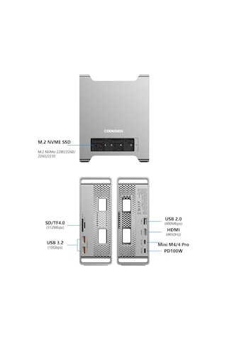 Codegen Apple Uyumlu Mac Mini M4/m4 Pro 9 İn 1 Type-c Hdmı Nvme Ssd Alüminyum Çevirici Stand Docking Station Cdg-nsc201