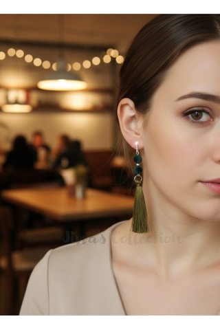 Boho Koleksiyon Serisi. Yeşil Boncuk Püsküllü Küpe