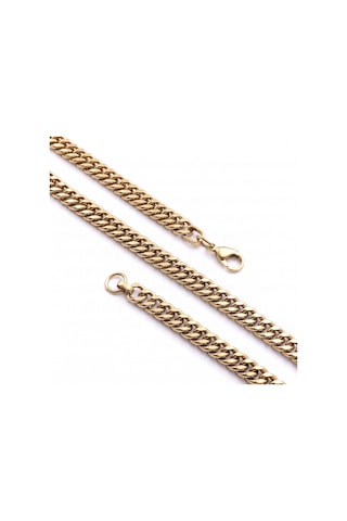 Premium Parlak Ve Şık Çift Örgü Erkek Çelik Kolye 7x3mm 55cm 3183eck020 - Gold Renk Altın