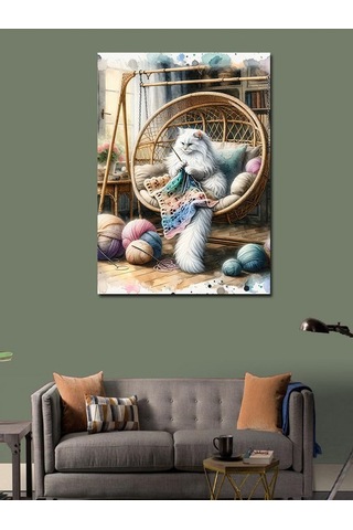 Kanvas Tablo Örgü Yapan Beyaz Kedi Ve İplikler 70cmx100cm