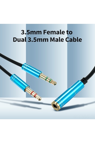 Springsun Mavi Oyuncu Kulaklık Splitter Kablosu - 3.5mm Dişi'den Çift Erkek'e Ses Ve Mikrofon Çevirici - Plug & Play, Tpe Kablo, Hafif Tasarım