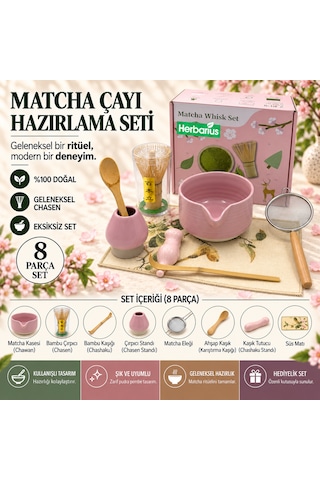Herbarius 8 Parça Mat Pudra Pembe Renk Matcha Çayı Hazırlama Seti - Geleneksel Japon Matcha Seti