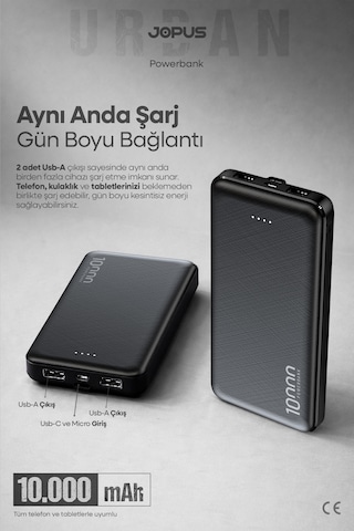 Jopus 10000mah Powerbank - Led Işık Göstergeli - Taşınabilir Şarj Cihazı Siyah