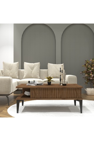 Marin Orta Sehpa , Ceviz , Çizgi Desenli , Raflı