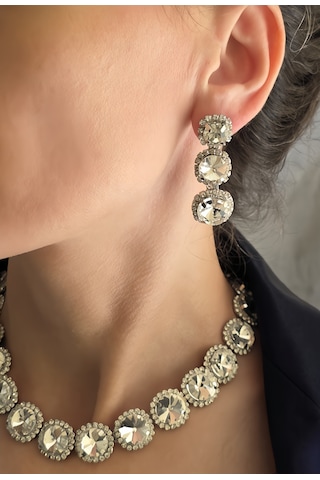 Riviere Kristal Taşlı Çiçek Model Şeffaf Renkli Kolye Küpe Set