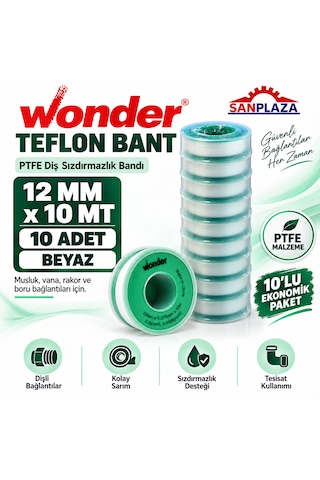 Sanplaza Wonder Teflon Bant 12 Mm X 10 Mt Ptfe Diş Sızdırmazlık Tesisat İzolasyon Bandı 10 Adet