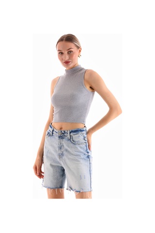 Kadın Likralı Kolsuz Crop Bluz Gri