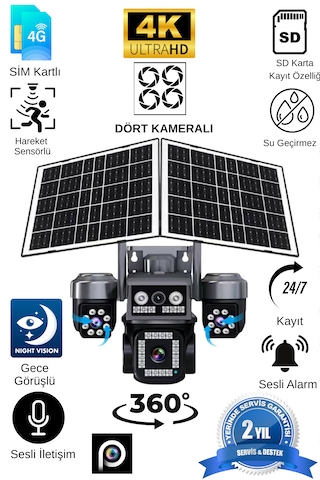 Dört Kameralı Çift Solar Panelli 4g Güvenlik Kamerası