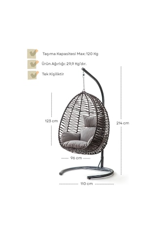 Velura Home & Living Class Bahçe Salıncağı - Kahve Rattan Gri Minder Kahverengi