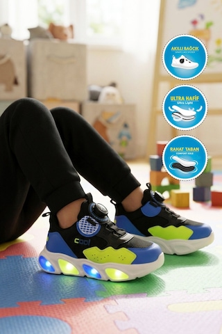 Cool Siyah Misina Bağcıklı Işıklı Fileli Hafif Erkek Çocuk Spor Ayakkabı Leon P