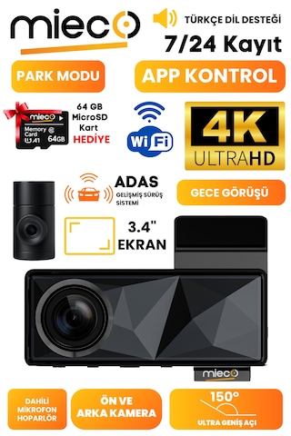 Mieco A11 Wifi/ 4k Uhd/ 150 Ultra Geniş Açı/ Adas/ Araç Kamerası