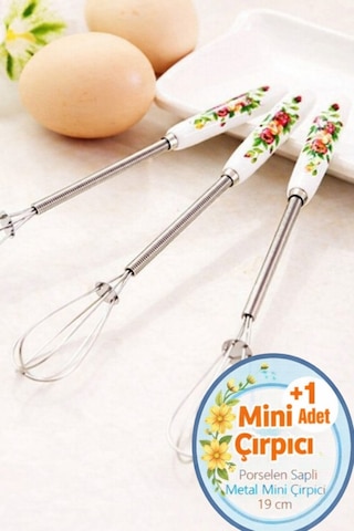Mini Kahve Çırpıcı Porselen Saplı Süt Yumurta Çırpıcı 19 Cm Desenli Çırpıcı Tel Gümüş