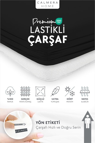 Calmera %100 Pamuk Penye Lastikli Çarşaf Tek Kişilik 90x190 - 100x200 - 120x200 Siyah