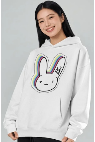 Sevbano Bad Bunny Rapper Şarkıcı Ön Baskılı Unisex Oversize Premium Hoodi beyaz