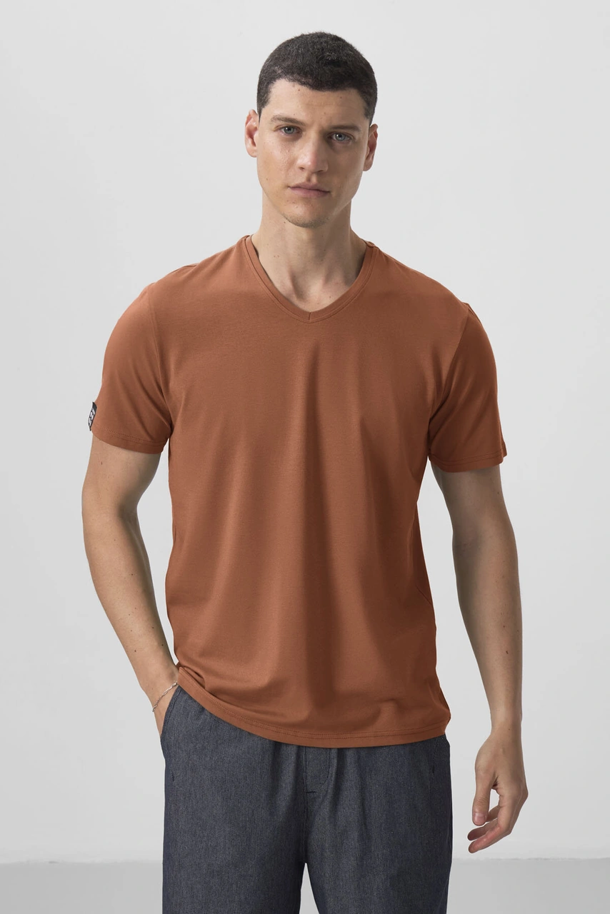 Tarçın Basic Kısa Kol Standart Kalıp V Yaka Erkek T-shirt - 87912 Tarçın