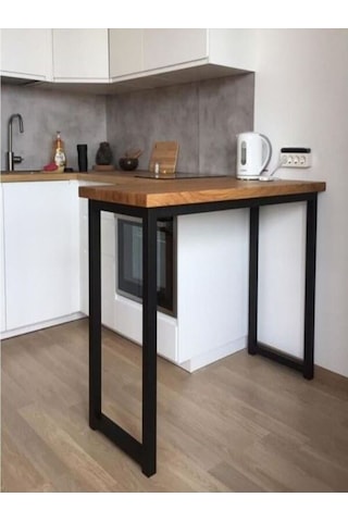 Umutpark Metal Ahşap Mutfak Bar Masası. Meşe - Siyah