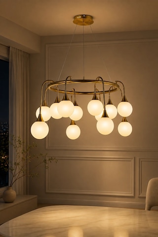 Eskitme Premium Gold 15 Opal Küreli Led Avize Salon Yemek Odası Dekoratif Sarkıt Avize 60w